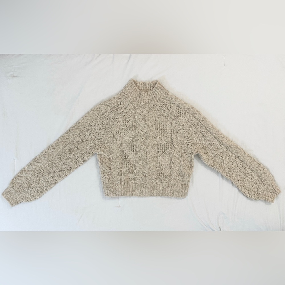 Sunday Best Cropped Cabled Knit Turtleneck Sweater - Beige/Tan - Picture 3 of 9
